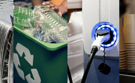 Banner with an image of water pushing through a banner, plastic bottles in a recycling bin, an electric car plug and paper cups piled up