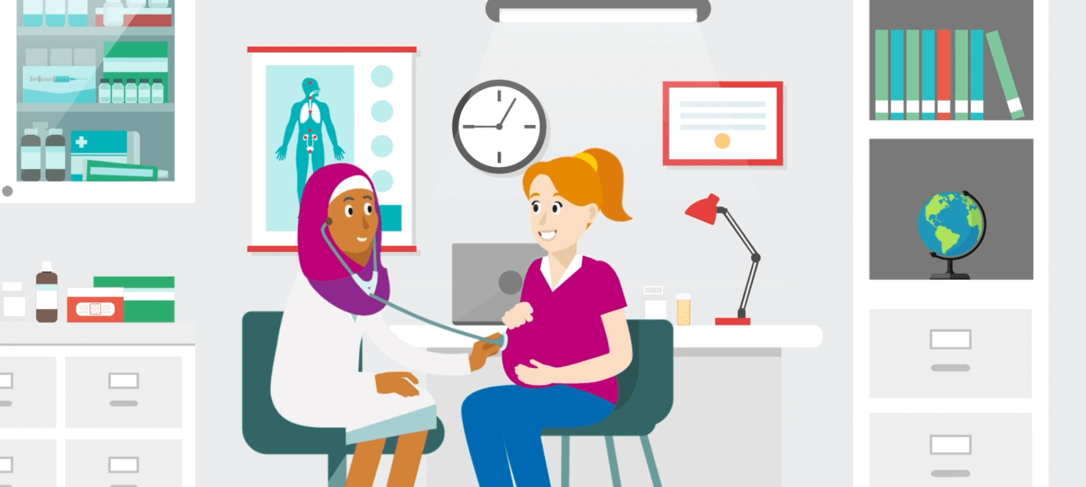 Illustration of a hijab-wearing healthcare worker caring for a ginger patient