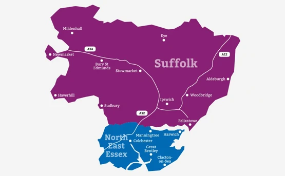 map of Suffolk and north east Essex