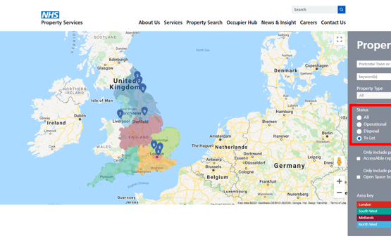 Screenshot of our Property Search webpage which has a map of the UK on it and criteria to filter our properties