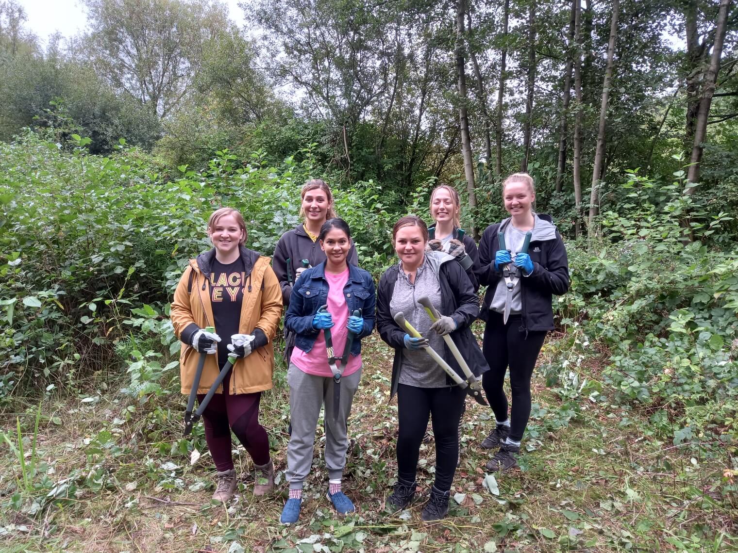 Six colleagues from People team volunteering in a woods with sheers 