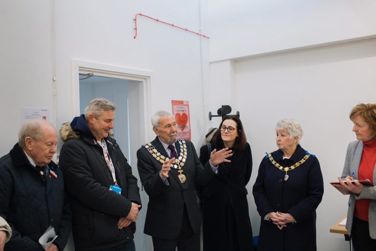 Mayor and Mayoress of Castle Point, Martin and Dawn Tucker; Rebecca Harris MP Castle Point; The Town Mayor of Canvey Island, Doreen Anderson and Consort, John Anderson; Steven Cole the Deputy Leader of Castle Point Borough Council; Angela Hutchings, CEO of Castle Point Borough Council and Ray Howard, Freeman of the Borough at the opening of Castle Point Association of Voluntary Services' new office premises in Canvey Island. 