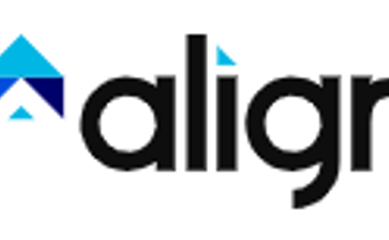 Align logo featuring a stylized blue geometric arrow above the word align in bold black lowercase letters, with part of the i dot depicted as a small blue triangle.