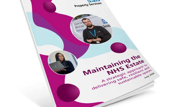 A booklet titled Maintaining the NHS Estate: A strategic approach to delivering safe, resilient and sustainable spaces, July 2024, featuring NHS branding and photos of two staff members on the cover.
