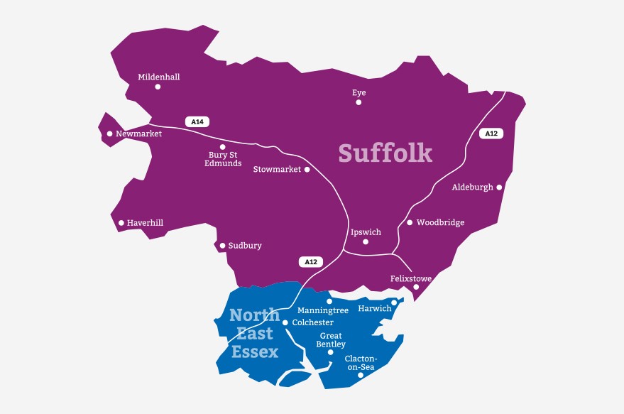 map of Suffolk and north east Essex